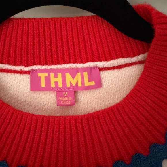 THML Cream Colored Short-Sleeve Knit Sweater with Red & Blue Trim - Picture 2 of 3